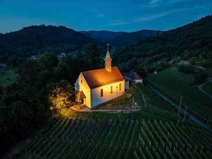 The Jakobuskapelle, mountain chapel on a vineyard at the blue hour, sight and landmark of