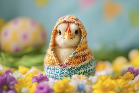 Funny small chick with knitted hoodie between spring flowers. Generative Ai, AI generated