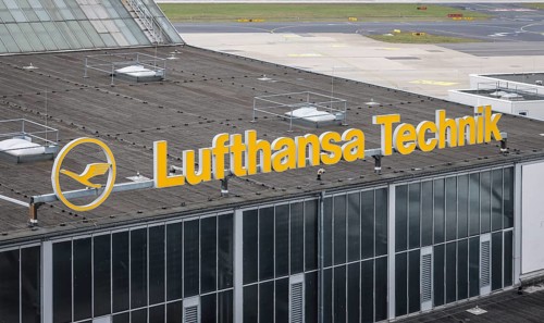 Düsseldorf, North Rhine-Westphalia, Germany - Lufthansa Technik, lettering on the roof of a