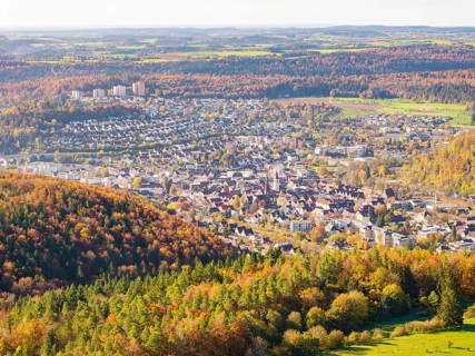 View of a town on the edge of an autumn-coloured forest, visible from the air, high ropes course,