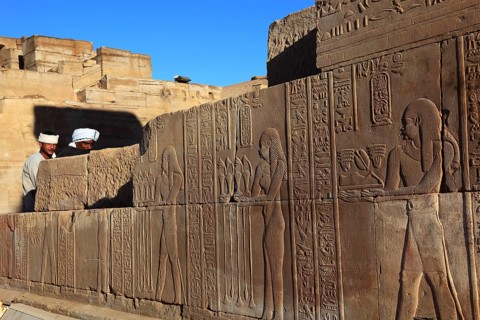 Reliefs and engravings on the walls of the Kom Ombo Temple on the Nile, Africa, Upper Egypt, Egypt,