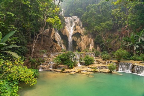 The multi-levelled Kuang Si waterfall near Luang Prabang, Laos, Asia