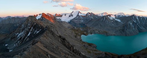 Evening mood, mountain panorama, aerial view, 4000 metre peak with glacier, mountain pass and