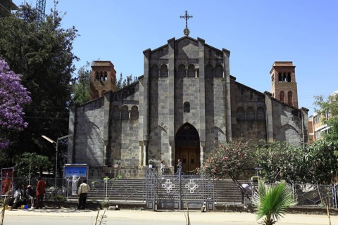 Addis Ababa, in the city centre, street scene in front of a church, Ethiopia, Africa
