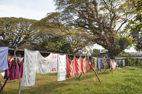 Laundry hanging to dry in the Dhoby Khana laundry, Kochi, Kerala, India, Asia