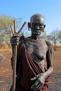 South Ethiopia, in the Maco National Park, in the village of the Mursi, old Mursi woman, with naked