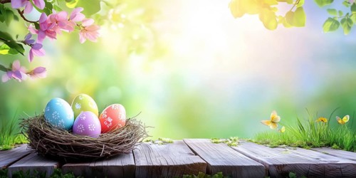 Painted Easter eggs for Easter in spring Greeting card with text free space Copyspace Banner