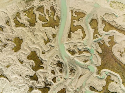Network of channels and streams at low tide, in the marshland of the Bahía de Cádiz, aerial view,