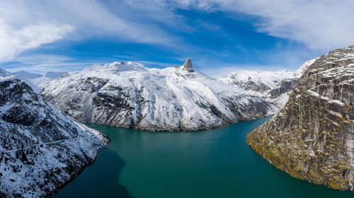 Aerial view over the Zervreila reservoir with the Zervreilahorn in the background, Valsertal,