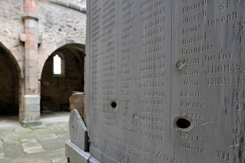 Bullet holes inside the church. The burnt village of Oradour-sur-Glane was destroyed on 10 June