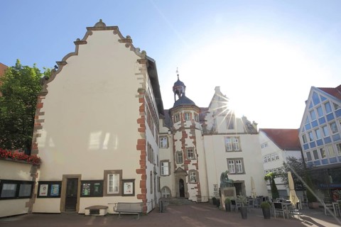 Town hall backlit in Bad Hersfeld, Hesse, Germany, Europe
