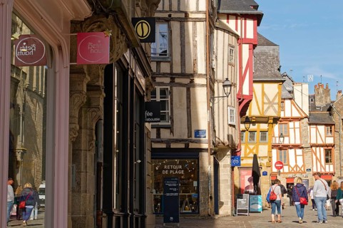 Shops and half-timbered houses on Rue de la Monnaie in the old town of Vannes, Brittany. Vannes,