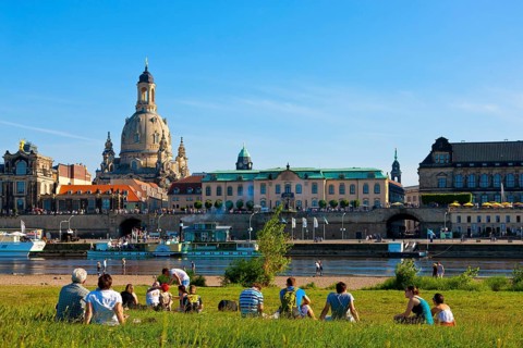 Dresden Silhouette View from Neustätter Elbufer to Dresden Old Town