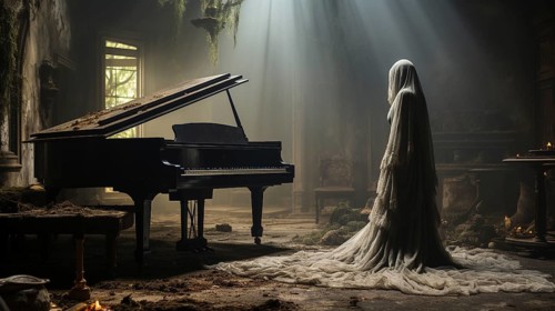 Mysterious and spooky female figure covered in sheer garment standing next to an old dusty piano in