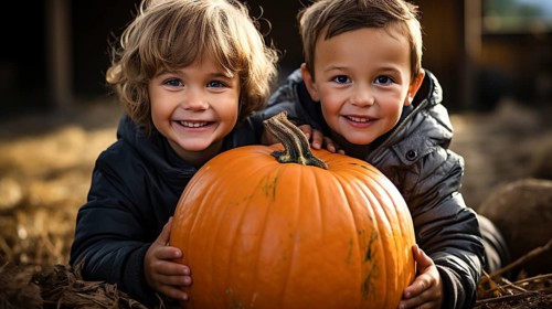 Happy young children showing off their large ripe fall pumpkin at the pumpkin patch, generative AI