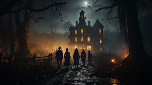 Silhouette of several people walking down the lantern lit walkway on halloween night toward a