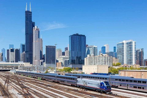 Skyline with Amtrak Midwest train railway at Union Station in Chicago, USA, North America