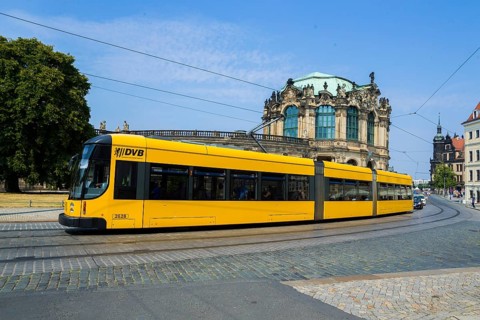 Modern DVB tram in Dresden city centre, Sophienstrasse at the Zwinger
