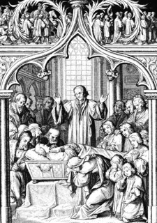 Martin Luther's funeral in 1546, death, mourning, coffin, tears, crying, many people, Prietser,