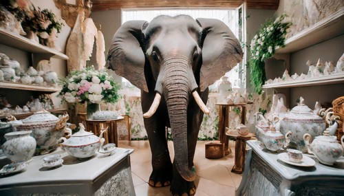 The elephant in the china shop, an elephant in a shop with porcelain and ceramics, AI generated