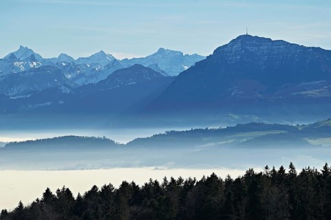 Fog over the Reuss valley, behind the Rigi, Horben, Freiamt, Canton Aargau, Switzerland, Europe
