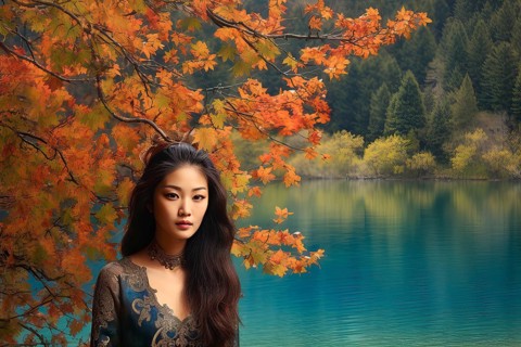 Beautiful young Asian woman with dark hair under tree branches near a colourful lake, China, AI
