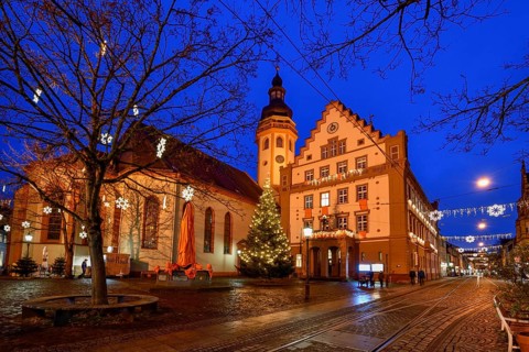 Durlach town hall, blue hour, blue hour, Karlsruhe, Baden-Württemberg, Germany, Europe