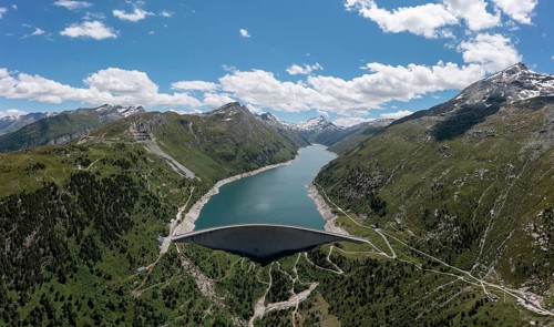 Aerial view of the Lago di Lei reservoir in the Valle di Lei in the border region Italy,
