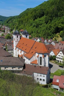 View of St. Cyriakus collegiate church built in 1466, sacral building, church towers, church,