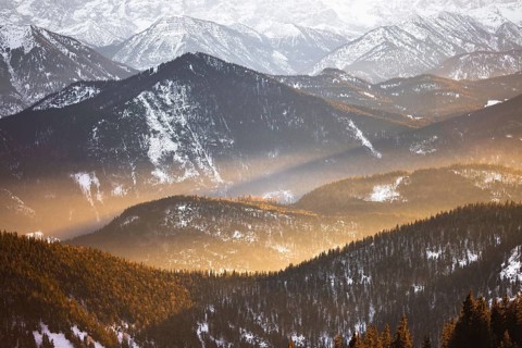 Winter, panorama, mountains, sunbeam, Bavarian Alps, Jachenau, Brauneck, Bavaria, Germany, Europe