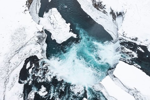 Godafoss waterfall, snowy landscape, drone shot, Northern Iceland Eyestra, Iceland, Europe