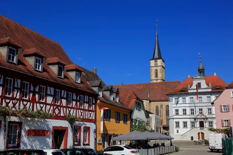 Town of Iphofen, market square with St. Vitus parish church and the town hall, Kitzingen district,
