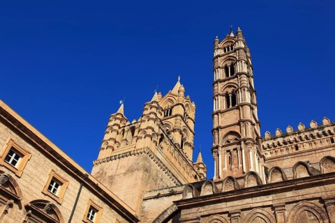 City of Palermo, the West Tower at the Archbishop's Palace and the Cathedral Maria Santissima