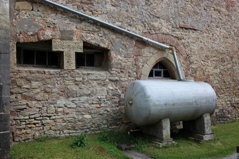 Rainwater collection tank at the fortified church Michaeliskirche, monastery church of a