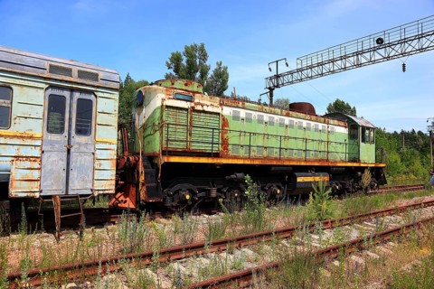 Exclusion zone, locomotive on the site of the former Yaniv railway station, now in the