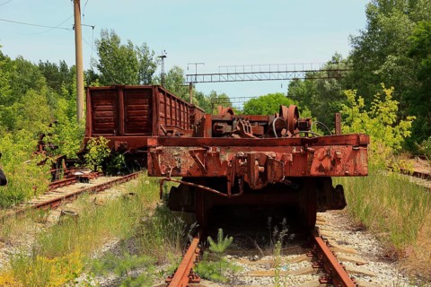 Exclusion zone, rail vehicles on the site of the former Yaniv railway station, now in the