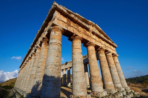 Evening light, Doric temple, Segesta, super wide angle, dynamic, oblique from below, Ancient site,