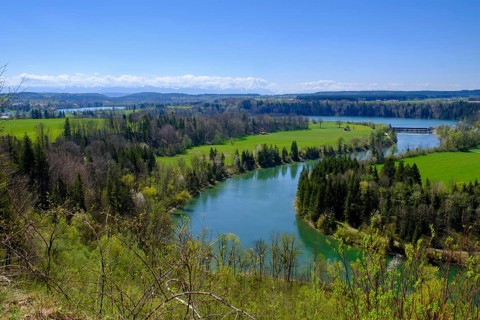 Lech with Epfach, over the Lech loop near Reichling, Pfaffenwinkel, Upper Bavaria, Bavaria,
