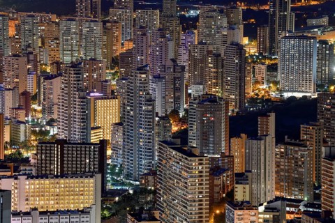 Skyscrapers by night, Benidorm, Costa Blanca, Valencian Country, Spain, Europe
