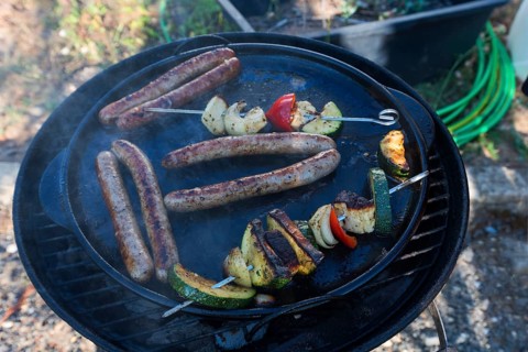 Sausages and vegetable skewers in a grill pan, Bavaria, Germany, Europe