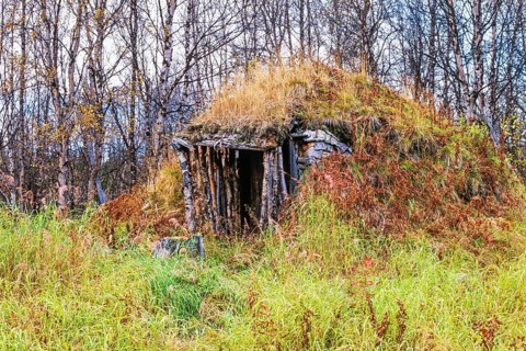 Old Sami goahti built of peat and moss in the forest at autumn in northern Sweden, Lapland, Sweden,
