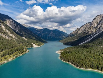 Aerial view of Plansee, Reutte, Ammergau Alps, Tyrol Austria, Plansee, Tyrol, Austria, Europe
