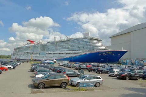 Cruise ship Carnival Jubilee in front of the building dock of the Meyer Werft shipyard, new
