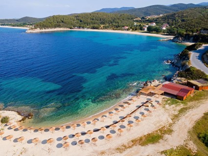 Aerial view, sunshades, Ema beach, Toroni, Torone, Sithonia, Chalkidiki, Central Macedonia, Greece,