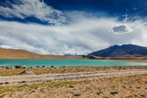 Himalayan lake Kyagar Tso with clouds in Himalayas, Ladakh, India, Asia