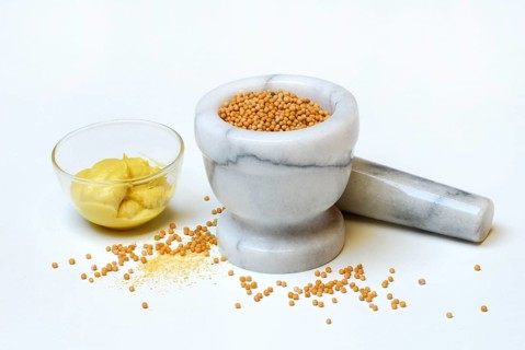 Bowl of mustard (Sinapis alba) , mustard seeds in mortar, mortar, mustard seeds, mustard seed