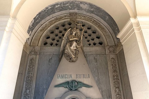 Angel playing the harp, sculpture on a family tomb, Monumental Cemetery, Cimitero monumentale di