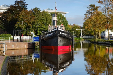 Dortmund IX, museum ship on the main canal, Maritime Adventure World, Papenburg, Emsland, Lower