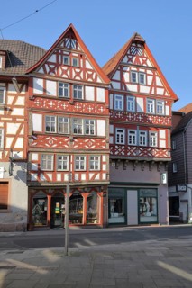Half-timbered houses in the main street, Bad Orb, Spessart, Hesse, Germany, Europe