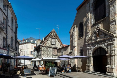 Montlucon. Square saint Pierre. Entrance of Saint Pierre church located in the medieval quarter.